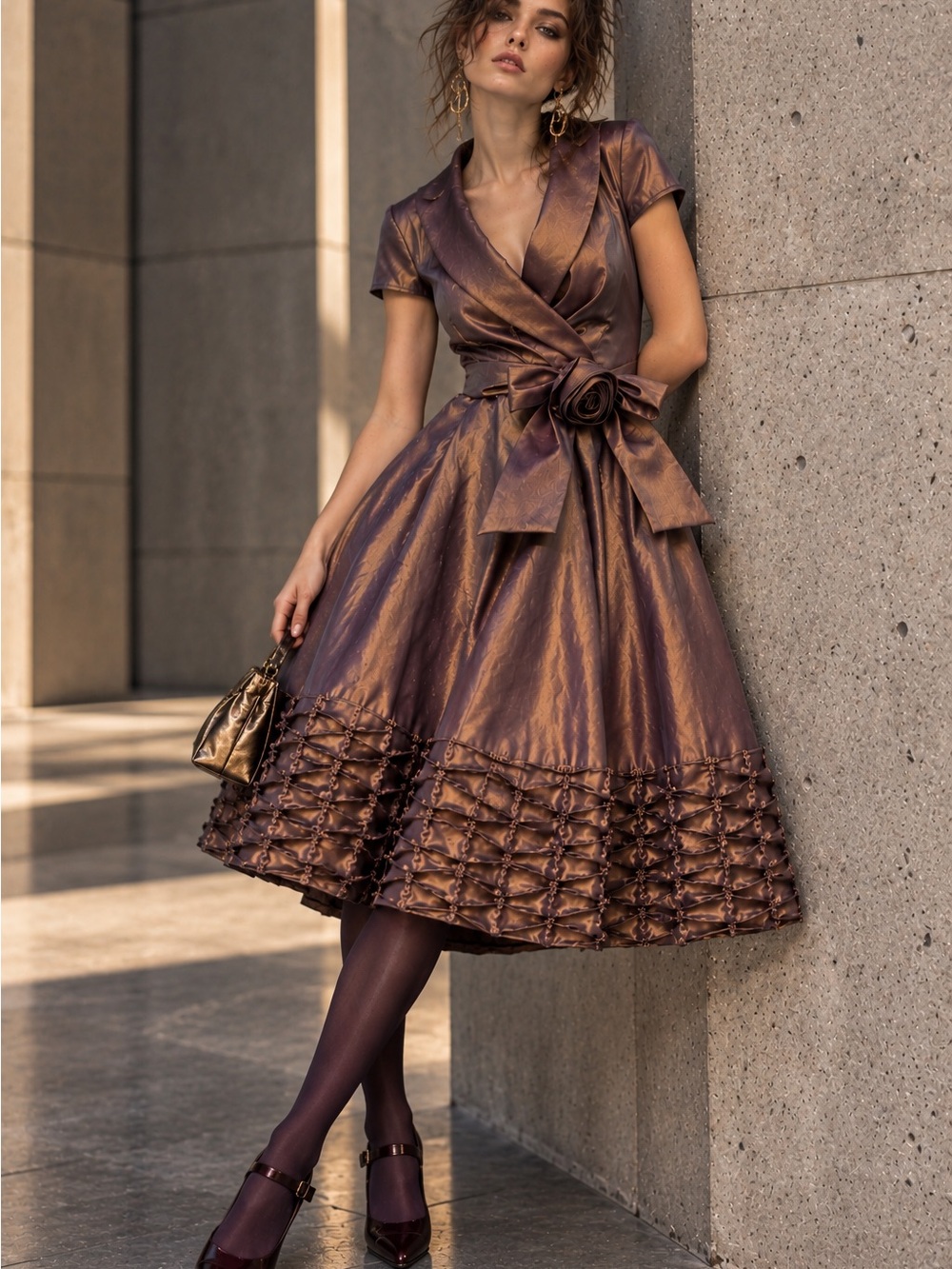 Y2K Metallic Bronze Dress Sculptural Rosette Ruched Hem Milla Bell Prom Vintage